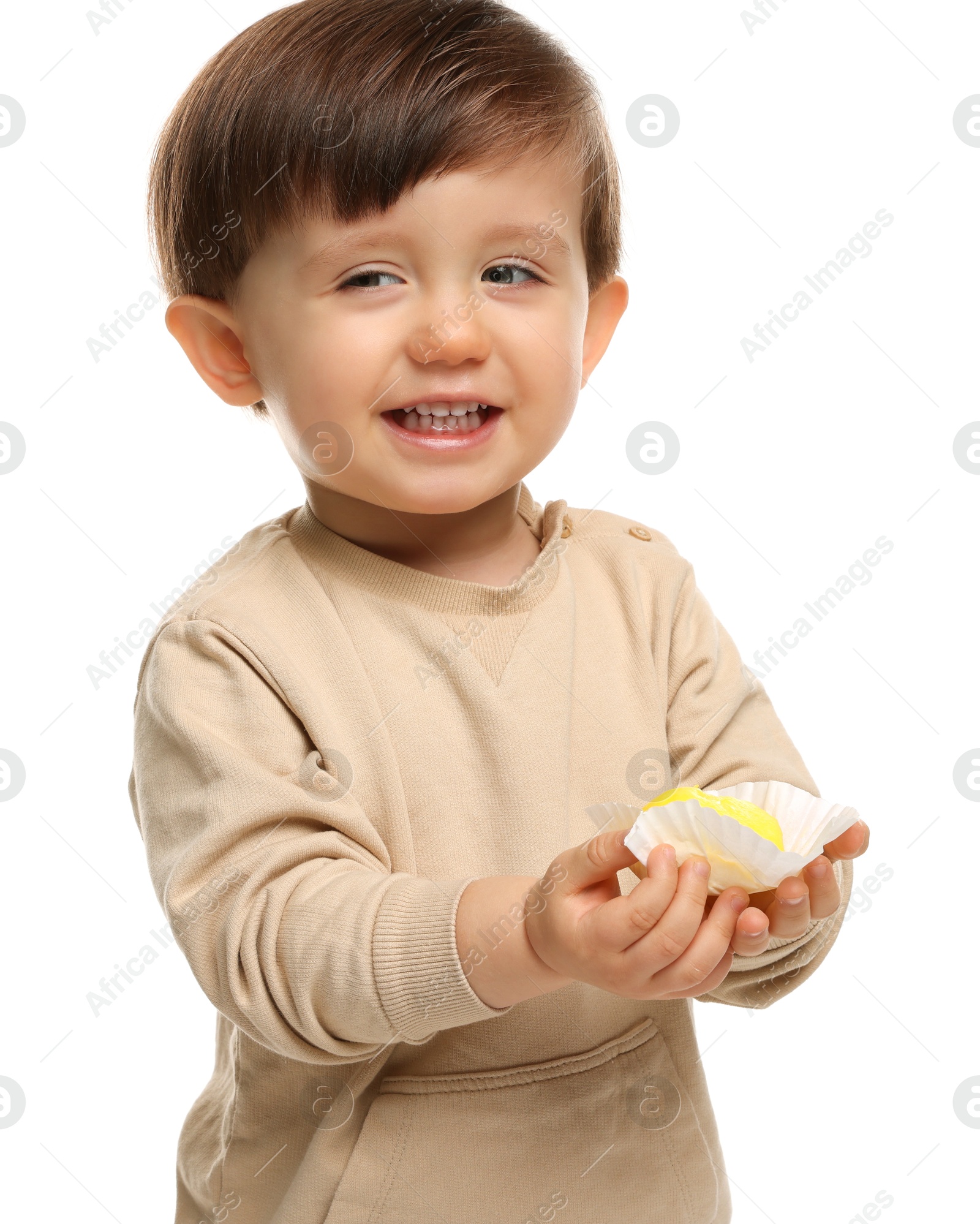 Photo of Cute little child with tasty mochi on white background