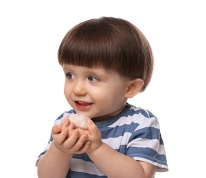 Photo of Cute little child eating tasty mochi on white background