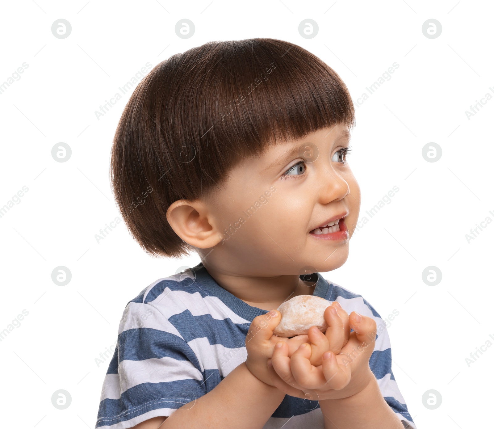 Photo of Cute little child eating tasty mochi on white background