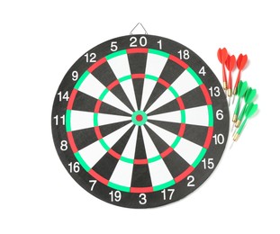 Photo of Dartboard and arrows isolated on white, top view. Sports equipment