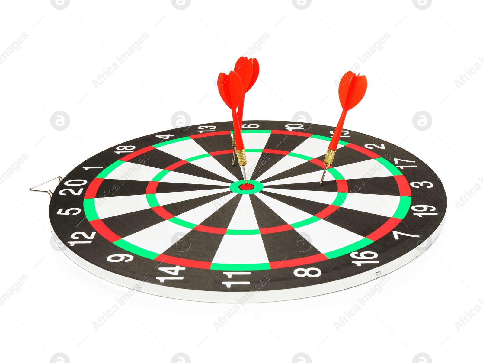 Photo of Dart board with red arrows hitting target isolated on white