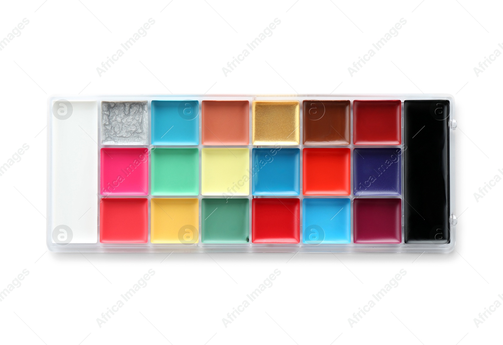 Photo of Bright face paint palette isolated on white, top view