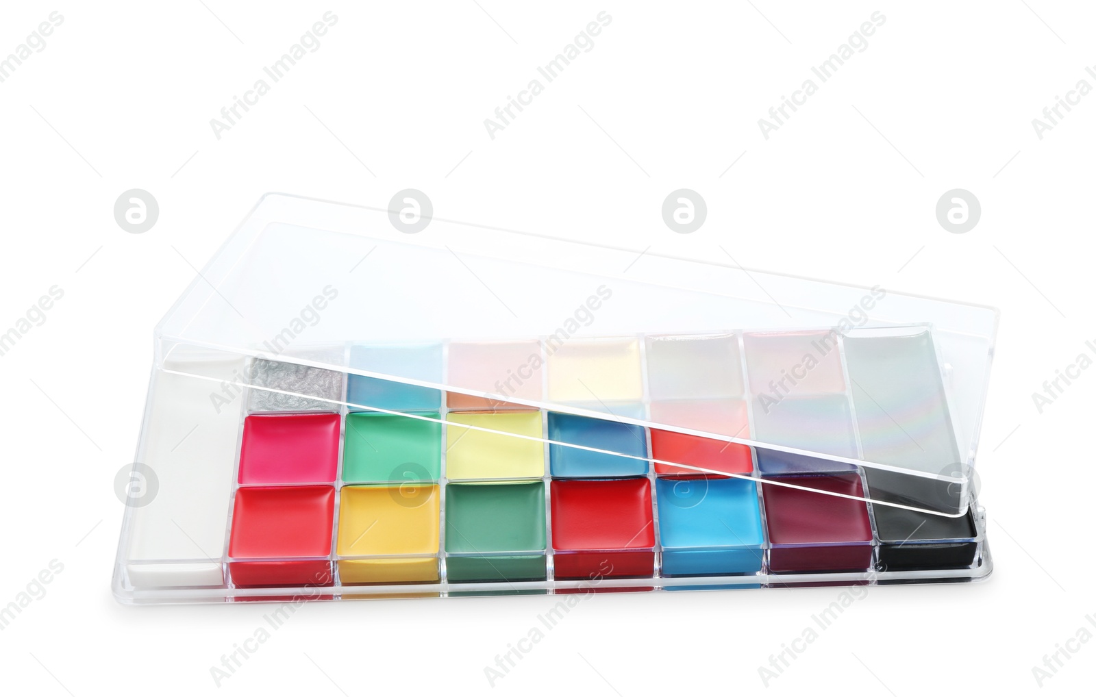 Photo of Bright face paint palette isolated on white