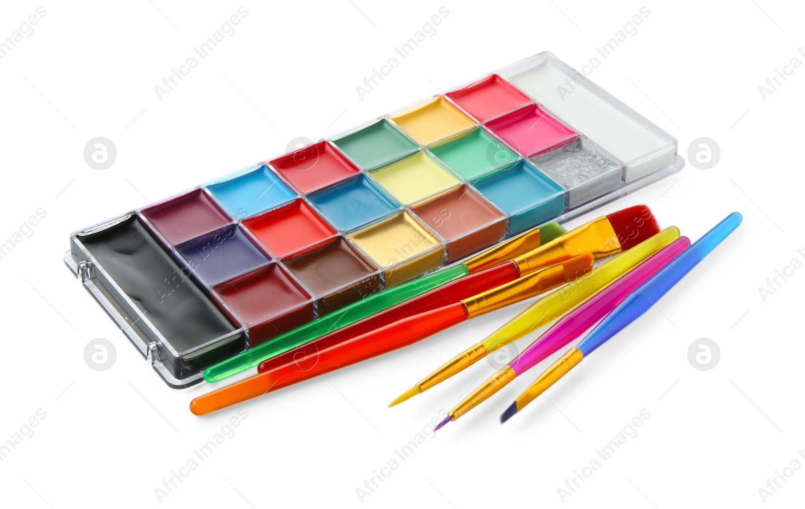 Photo of Bright face paint palette and brushes isolated on white