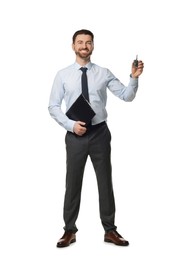 Photo of Cheerful salesman with car key and clipboard on white background