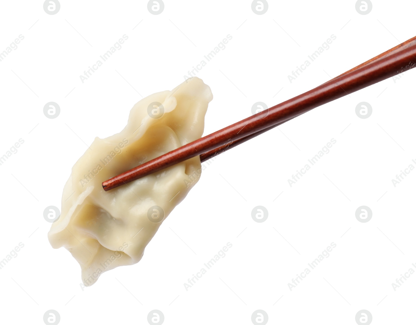 Photo of Chopsticks with fresh gyoza dumpling isolated on white