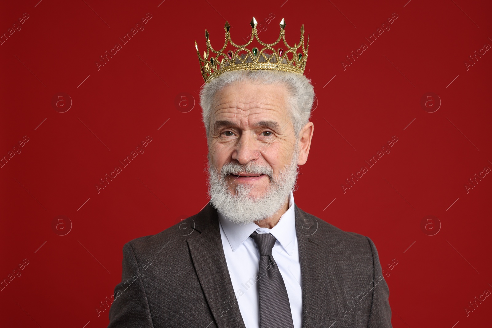 Photo of Senior man wearing luxury crown on red background