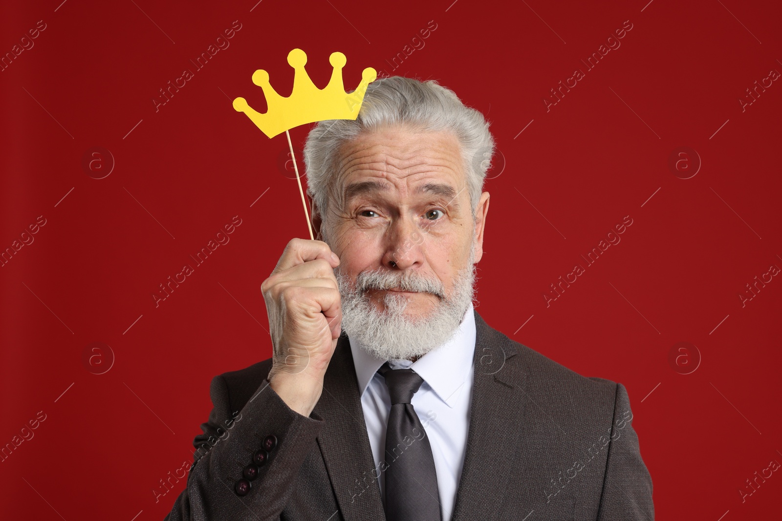 Photo of Senior man holding stick with paper crown on red background