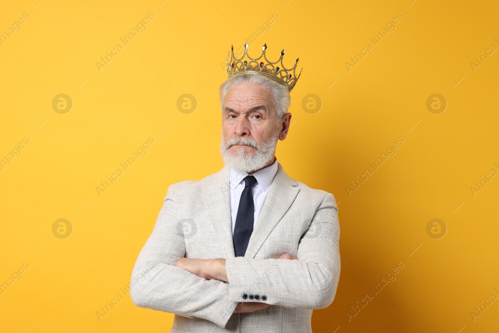 Photo of Senior man wearing luxury crown on orange background