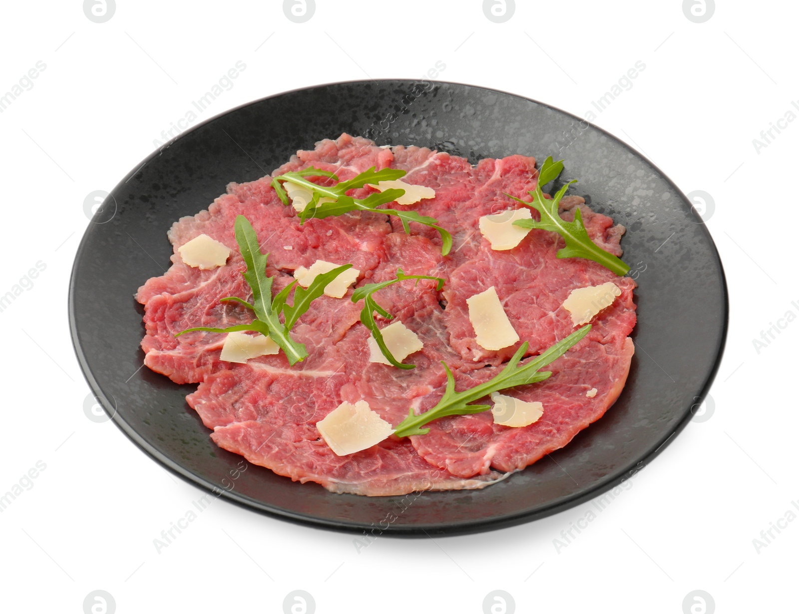 Photo of Fresh beef carpaccio with arugula and cheese isolated on white