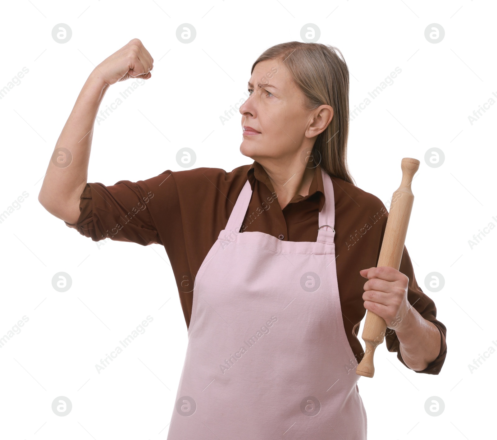 Photo of Woman with rolling pin on white background