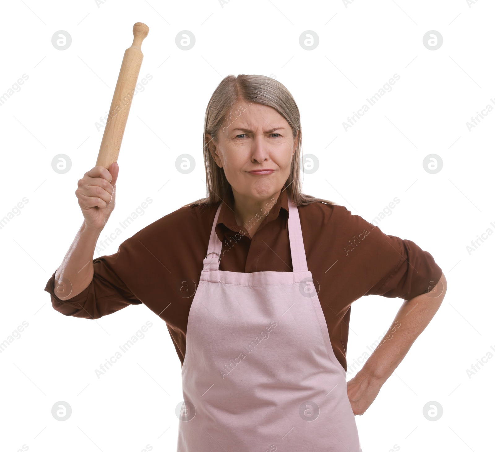 Photo of Angry woman with rolling pin on white background