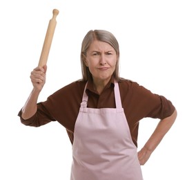 Angry woman with rolling pin on white background