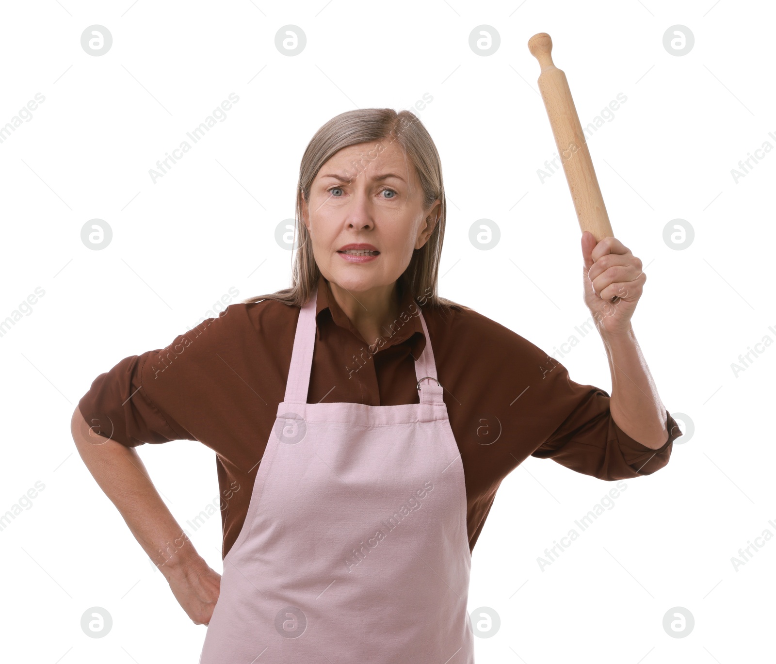 Photo of Angry woman with rolling pin on white background