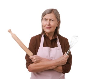 Photo of Emotional woman with rolling pin and whisk on white background