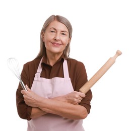 Photo of Woman with rolling pin and whisk on white background