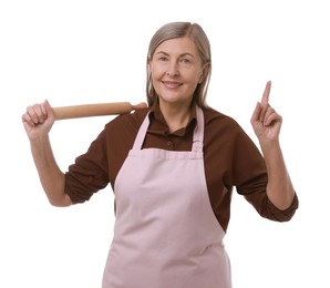 Photo of Happy woman with rolling pin pointing upwards on white background