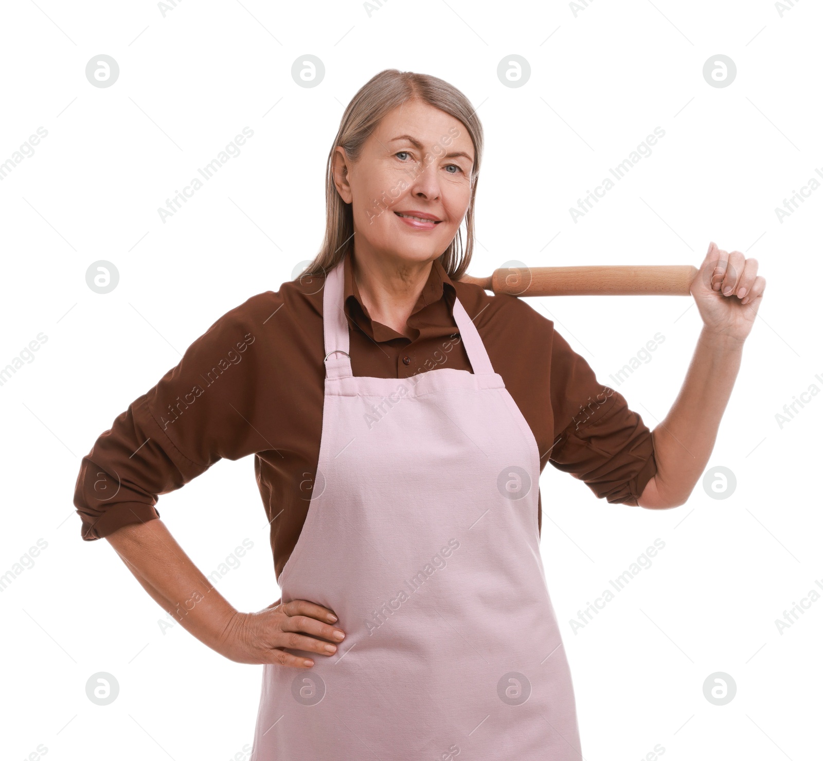 Photo of Happy woman with rolling pin on white background