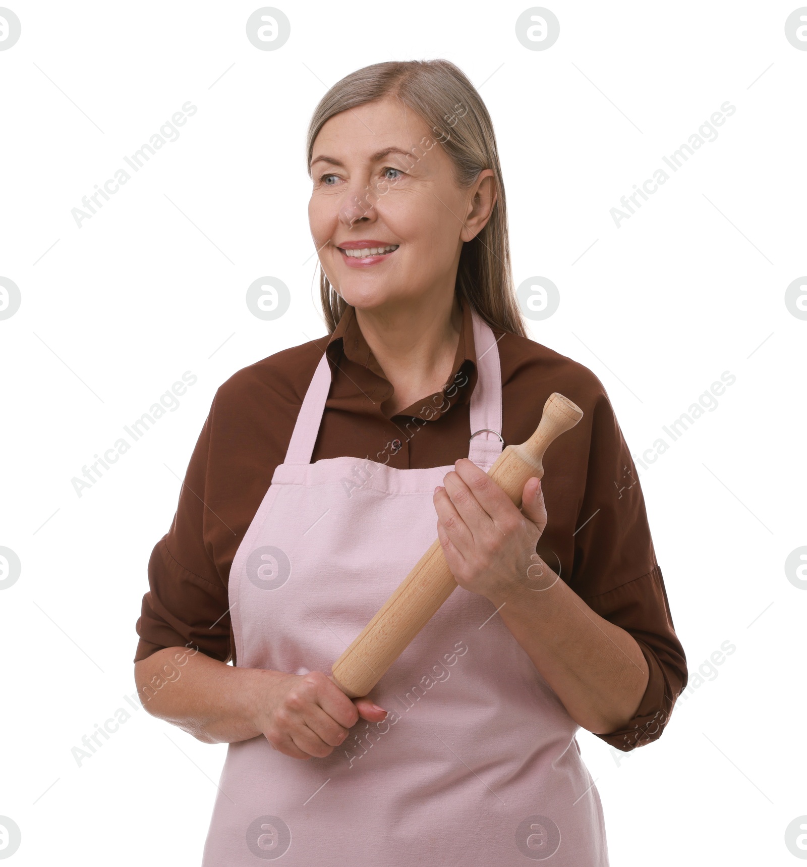 Photo of Happy woman with rolling pin on white background