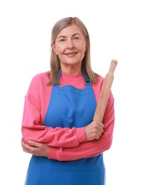 Photo of Happy woman with rolling pin on white background