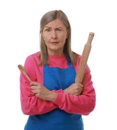 Photo of Woman with rolling pin and spoon on white background