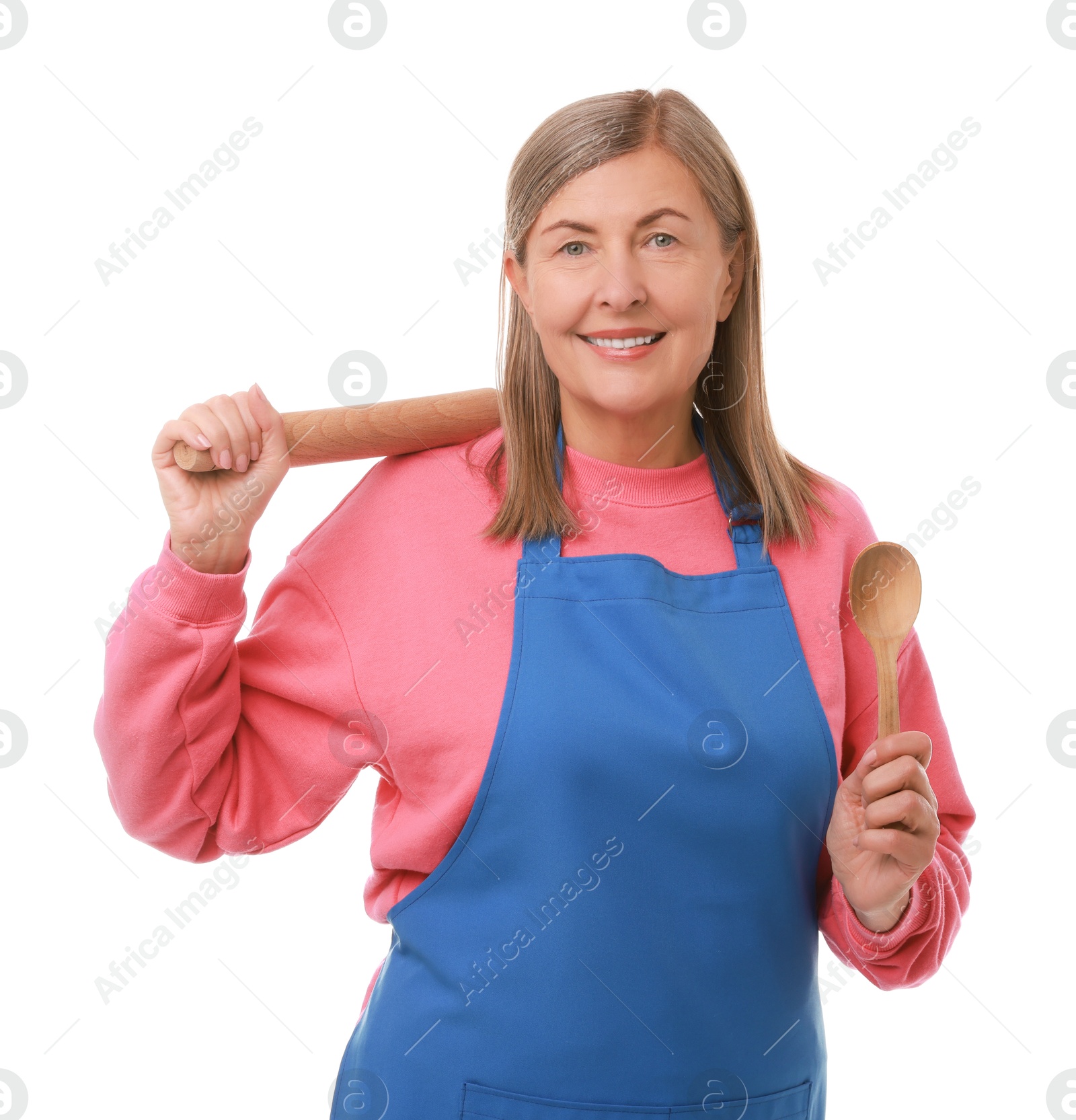 Photo of Happy woman with rolling pin and spoon on white background