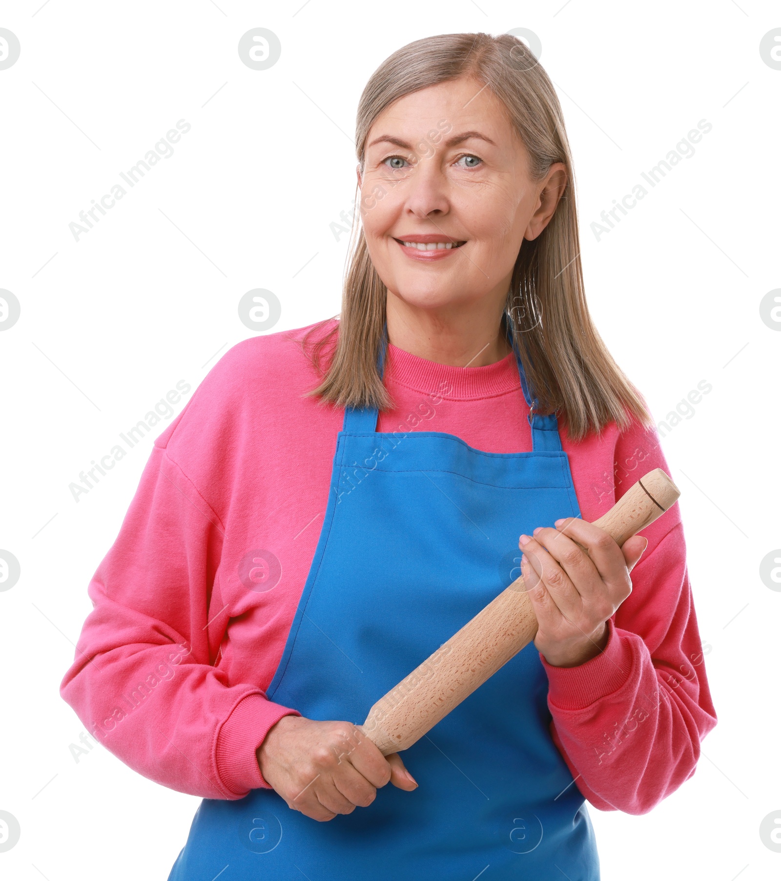 Photo of Happy woman with rolling pin on white background