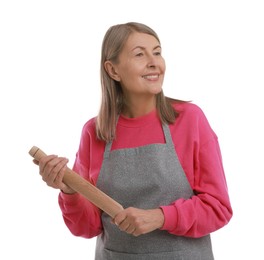 Photo of Happy woman with rolling pin on white background