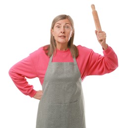 Photo of Angry woman with rolling pin on white background