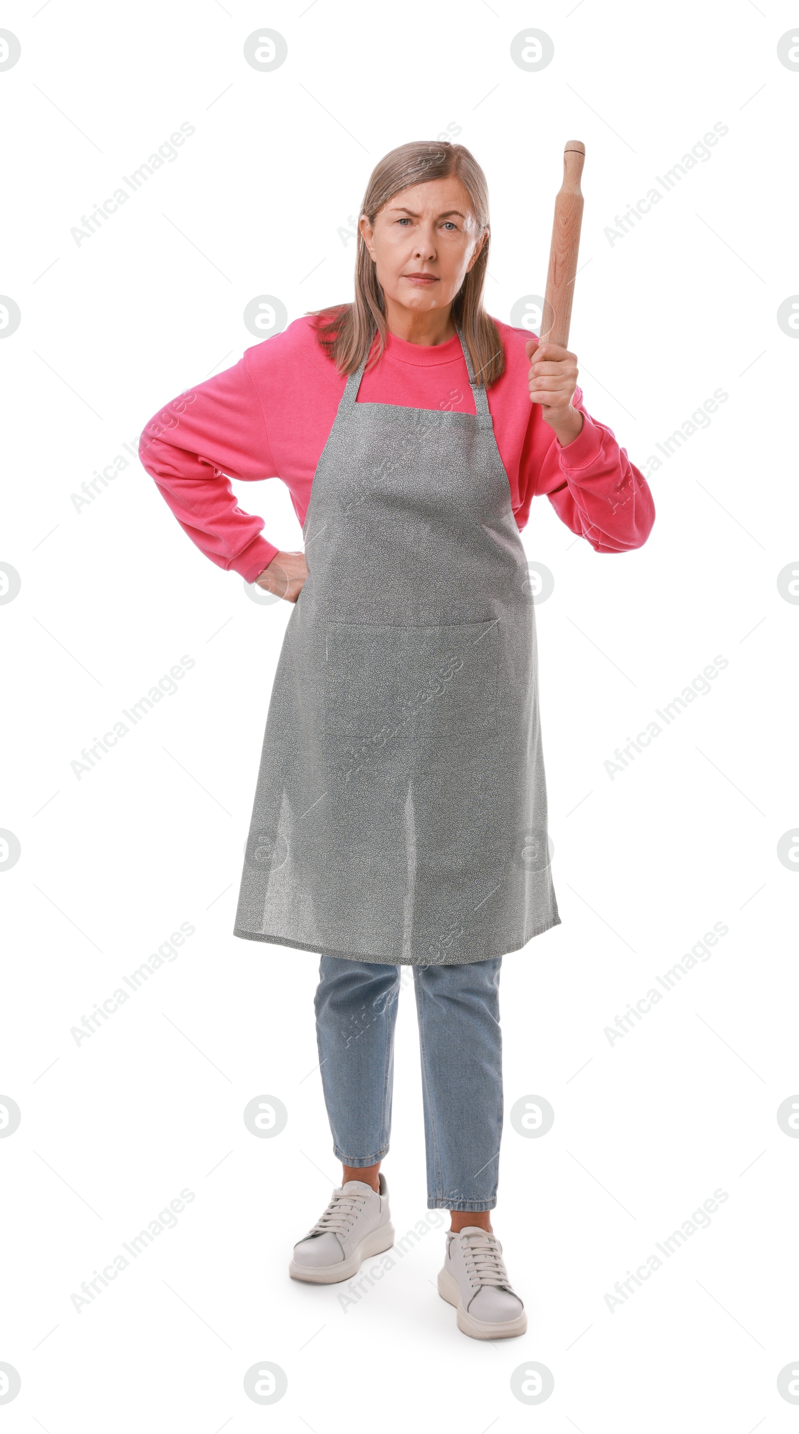 Photo of Angry woman with rolling pin on white background