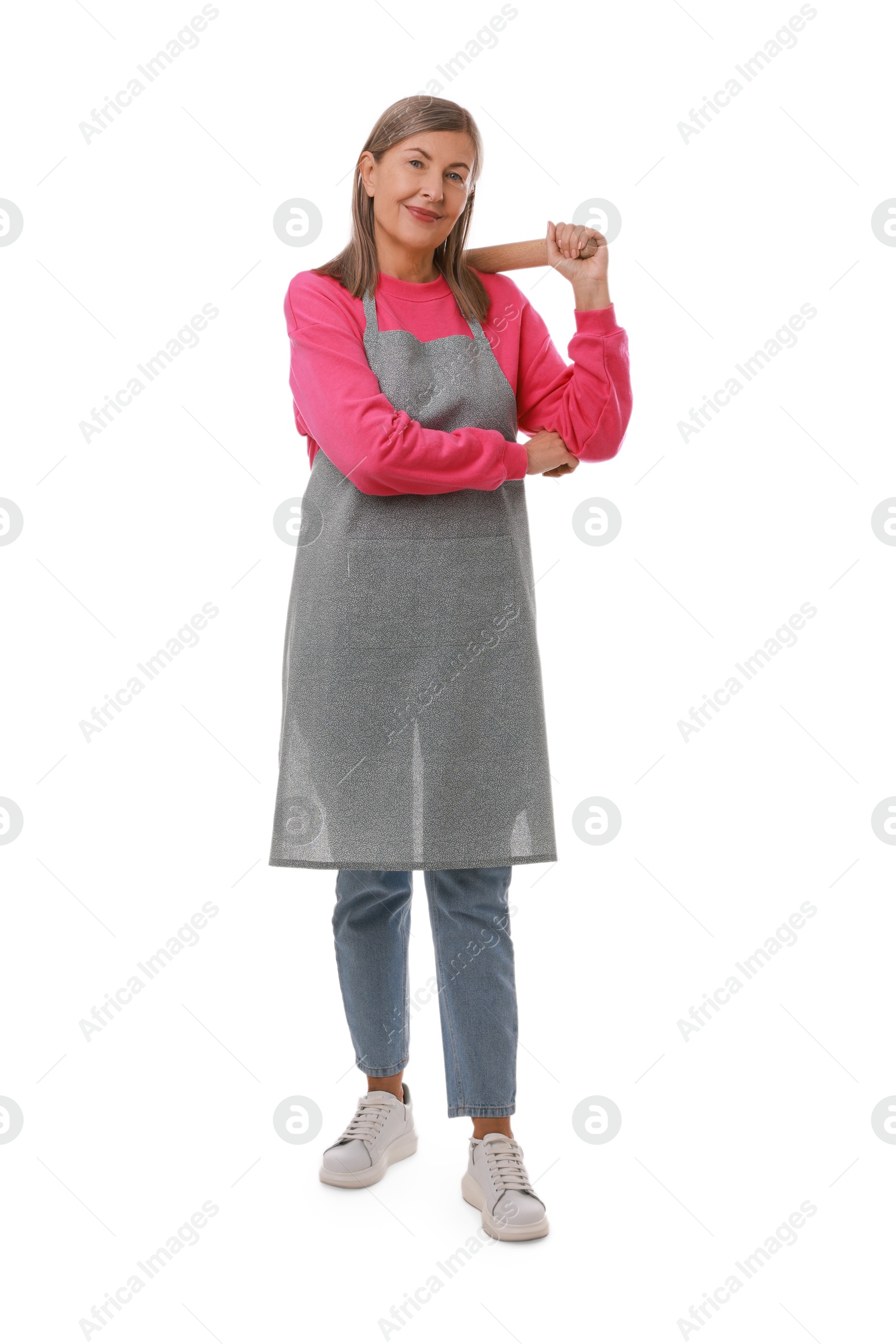 Photo of Woman with rolling pin on white background