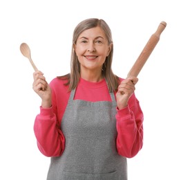 Photo of Happy woman with rolling pin and spoon on white background