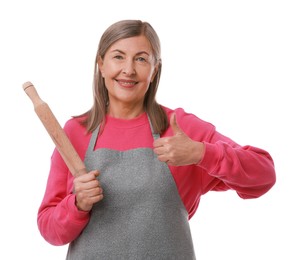 Photo of Happy woman with rolling pin showing thumbs up on white background