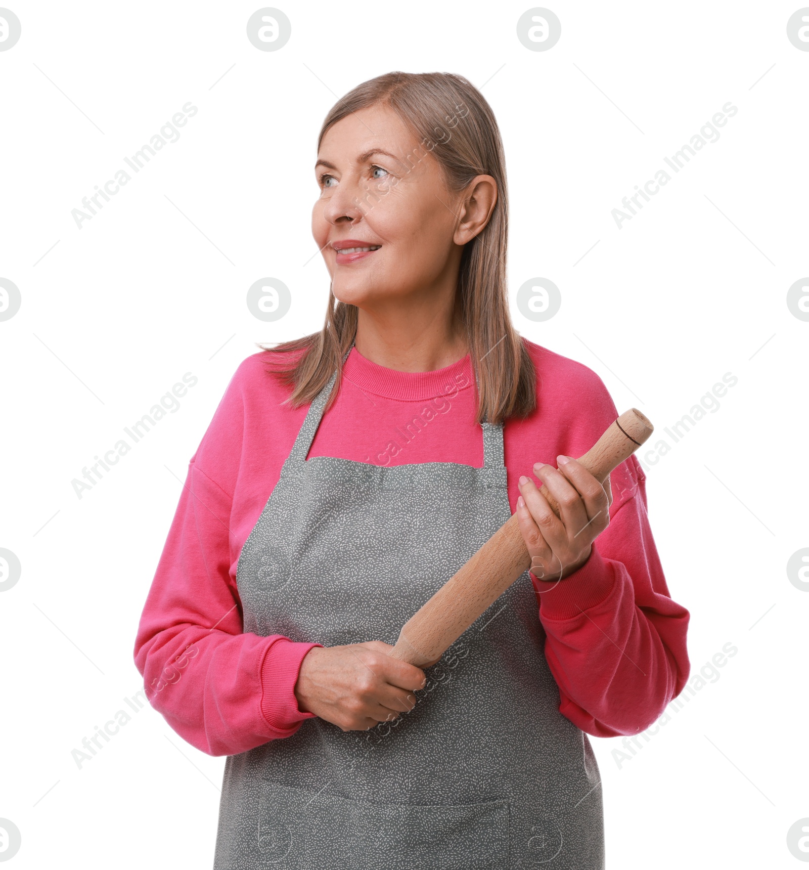 Photo of Happy woman with rolling pin on white background