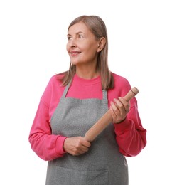 Photo of Happy woman with rolling pin on white background