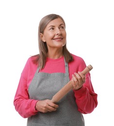 Photo of Happy woman with rolling pin on white background