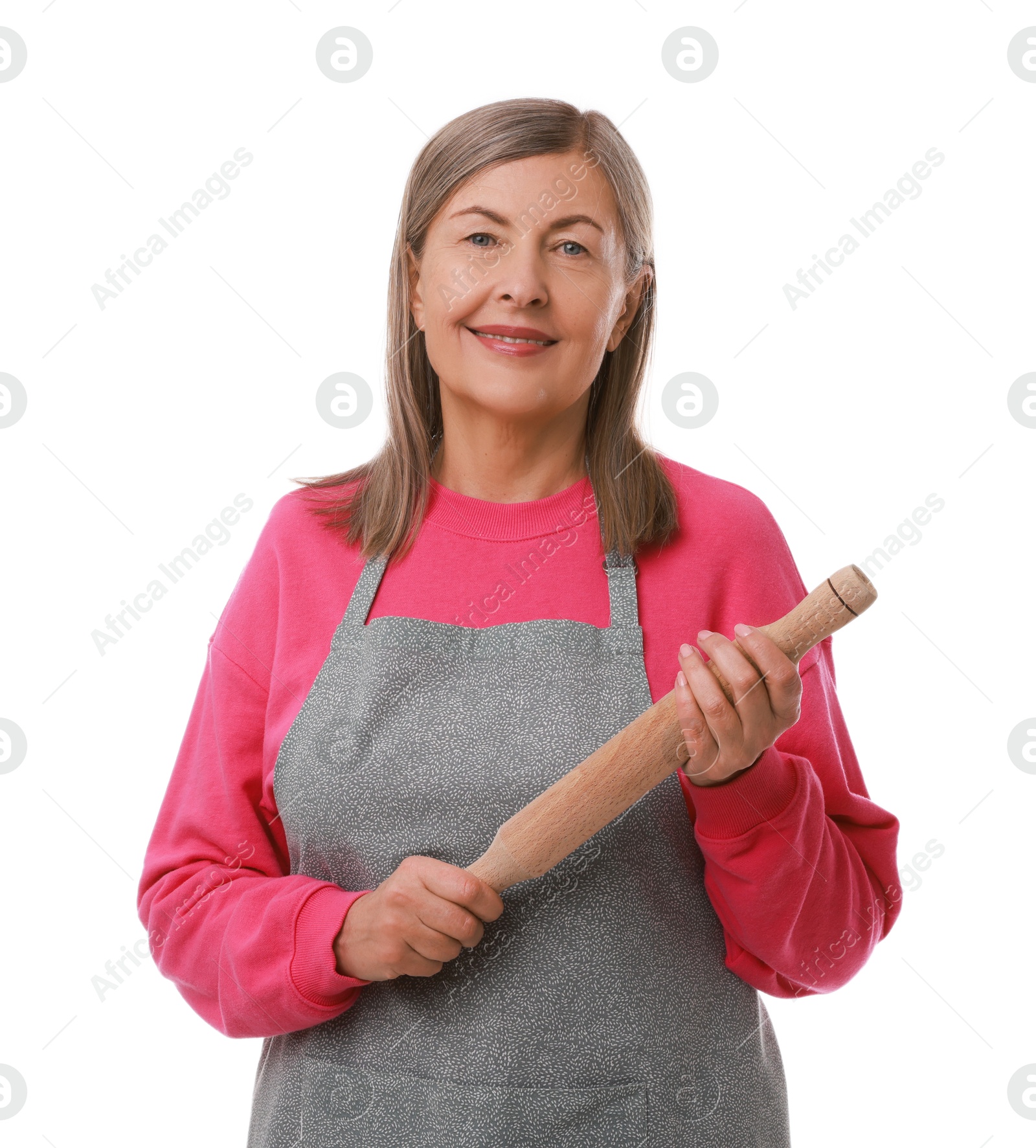 Photo of Happy woman with rolling pin on white background