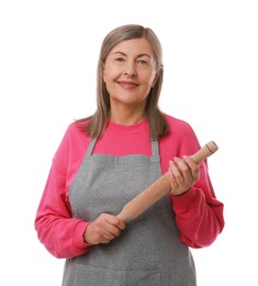 Photo of Happy woman with rolling pin on white background