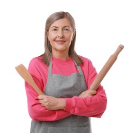 Photo of Happy woman with rolling pin and spatula on white background