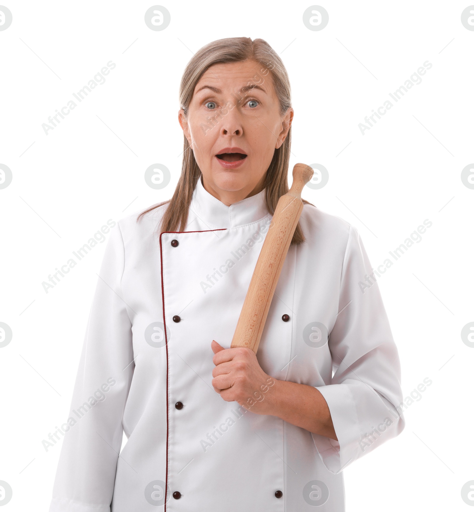 Photo of Surprised chef with rolling pin on white background