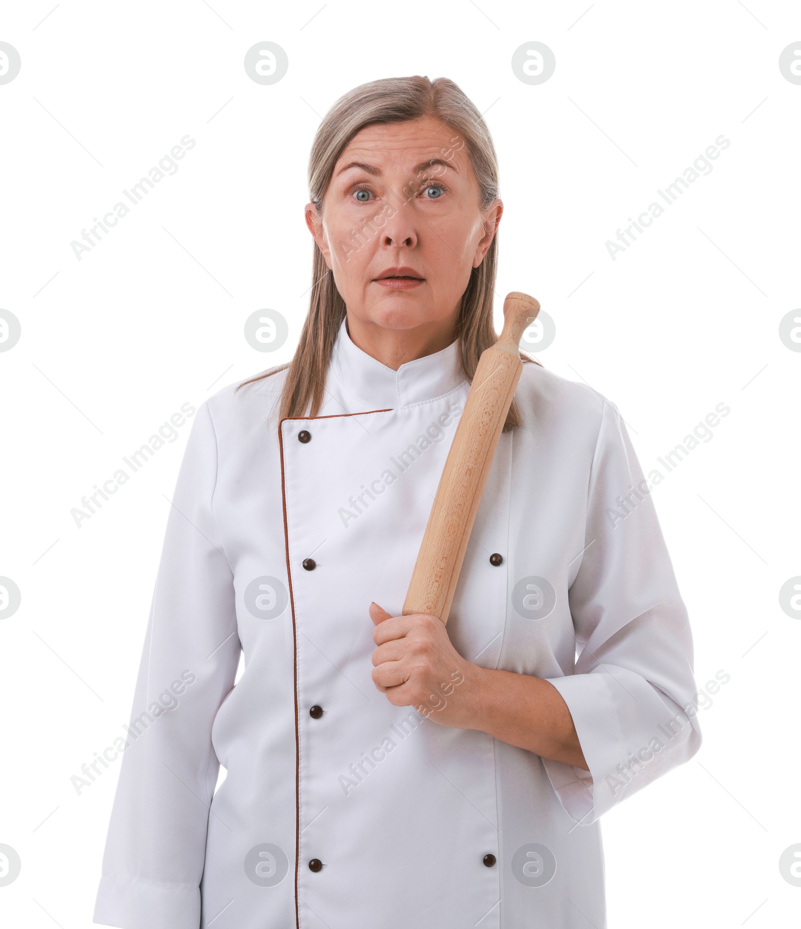 Photo of Surprised chef with rolling pin on white background