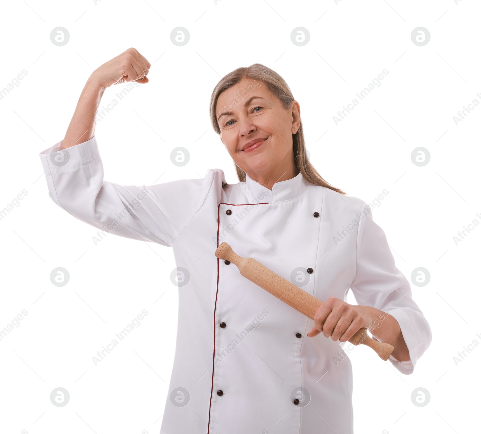 Photo of Chef with rolling pin on white background