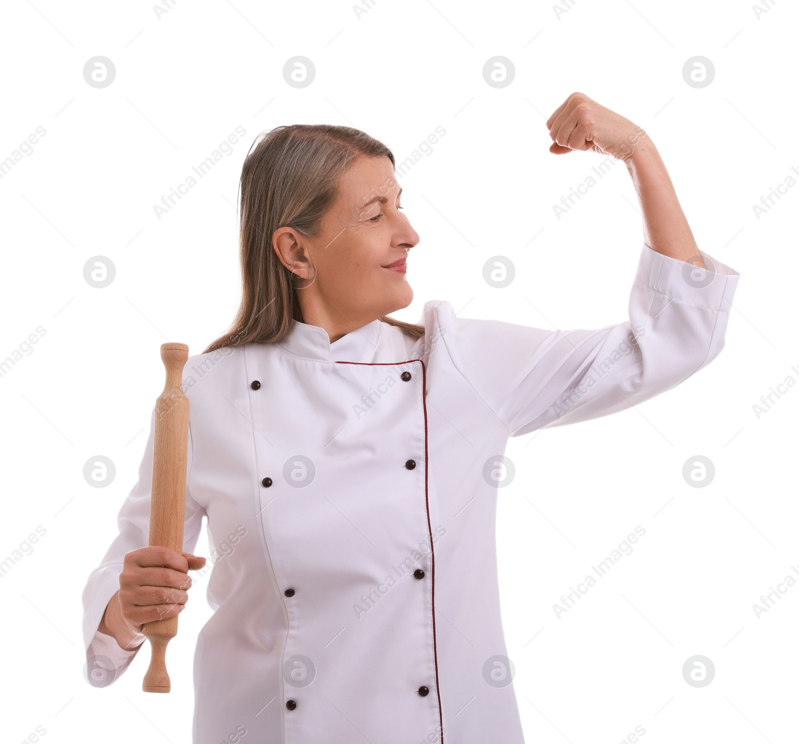 Photo of Chef with rolling pin on white background