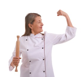 Photo of Chef with rolling pin on white background