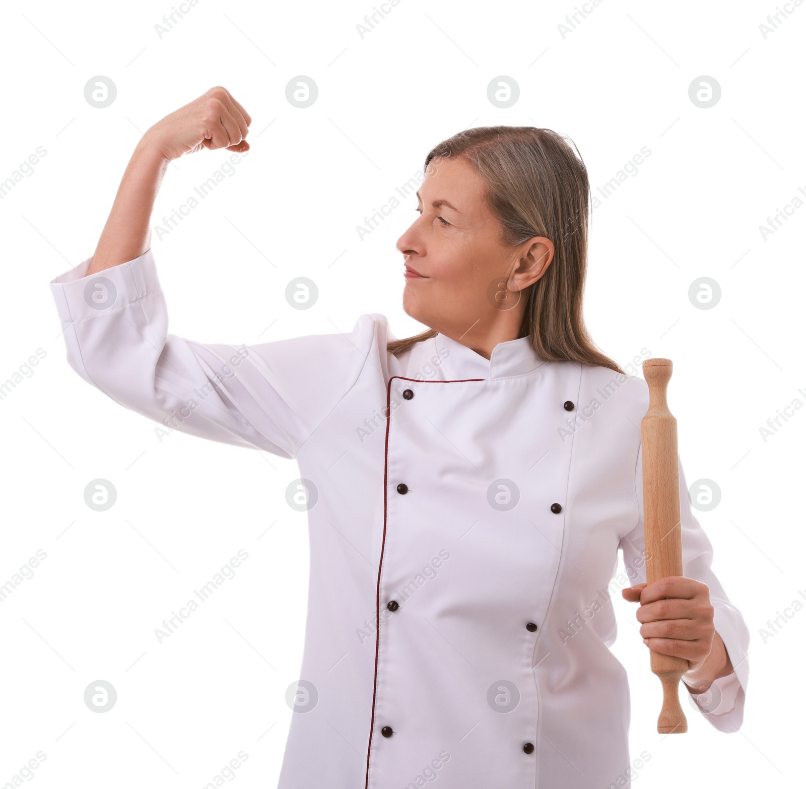 Photo of Chef with rolling pin on white background