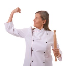 Photo of Chef with rolling pin on white background