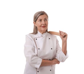 Photo of Chef with rolling pin on white background