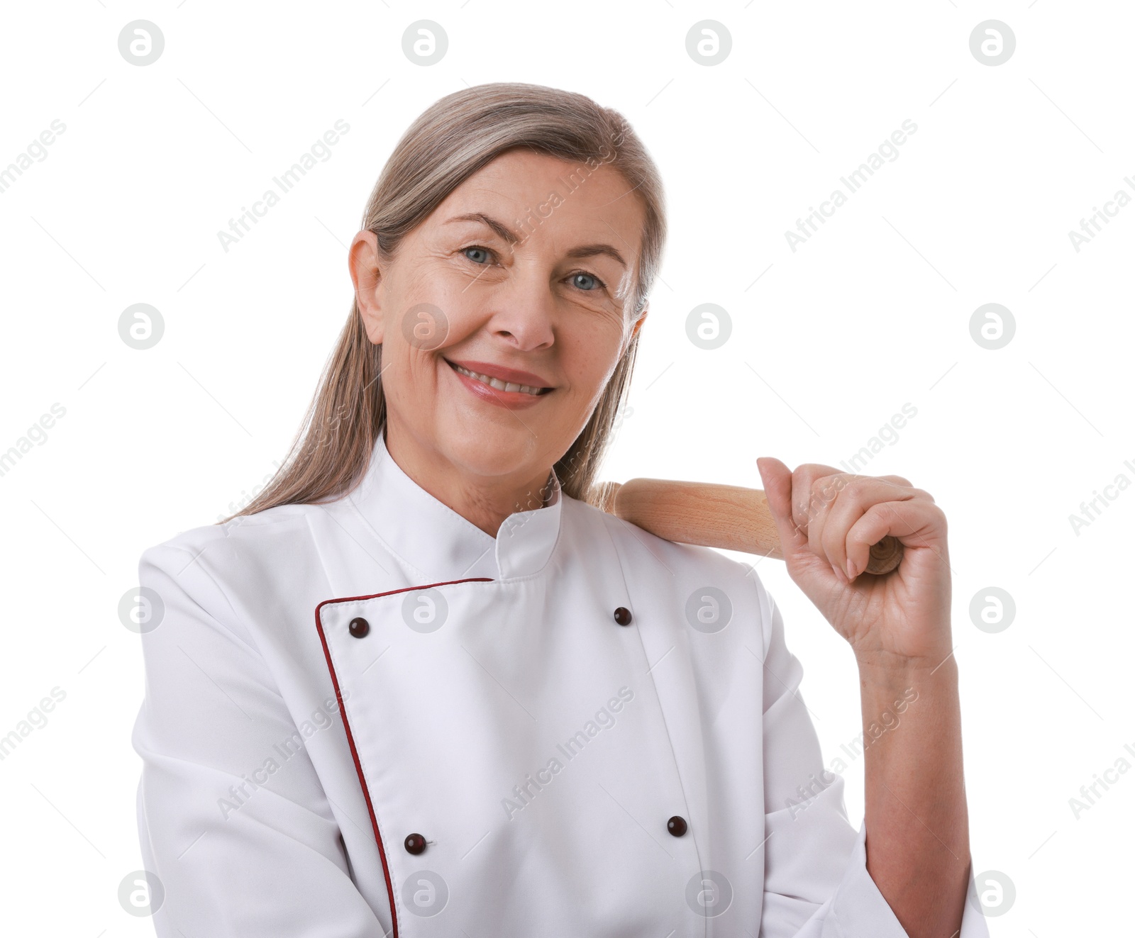 Photo of Happy chef with rolling pin on white background