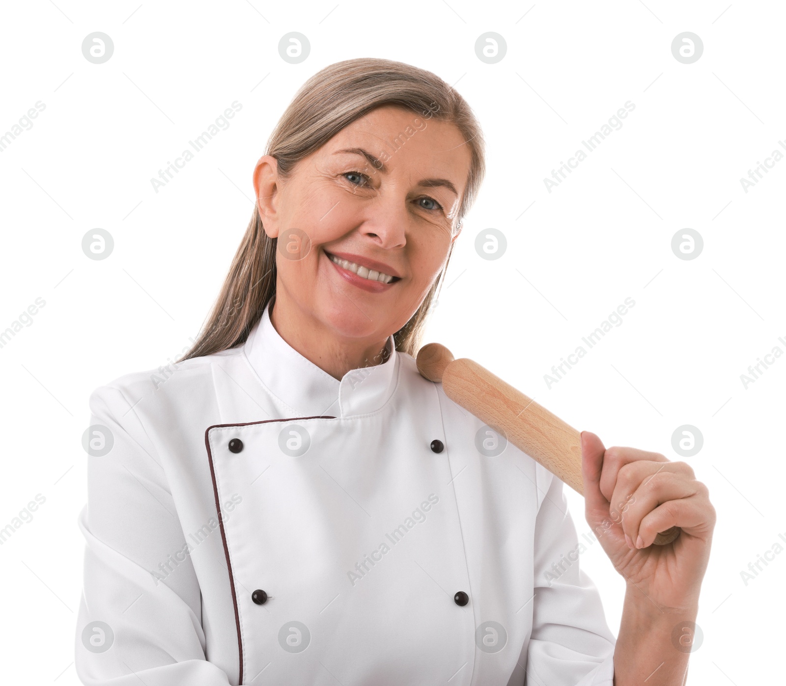 Photo of Happy chef with rolling pin on white background