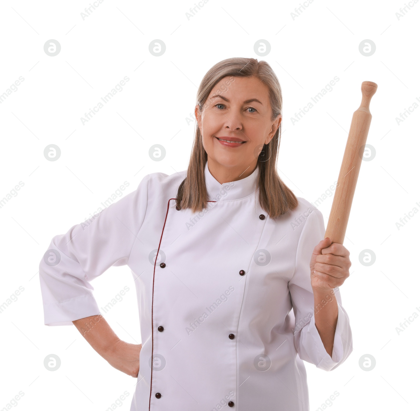 Photo of Chef with rolling pin on white background